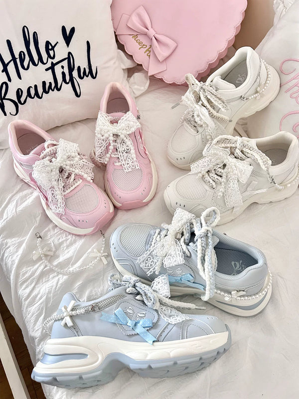 Sheep Puff Heartbeat Signal Lolita sneakers with cute sheep design, white shoes with heartbeat pattern, stylish casual footwear