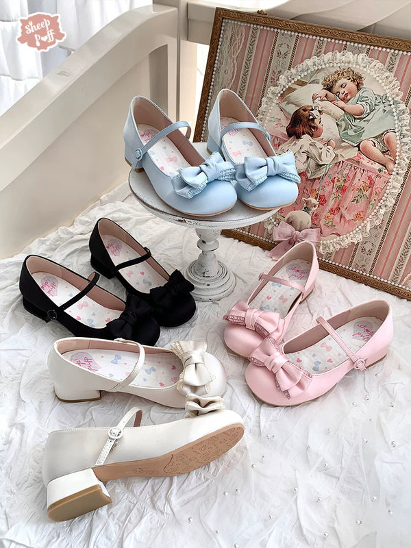 Sheep Puff bedtime fairy tale satin low heel Lolita shoes with decorative details and elegant design.