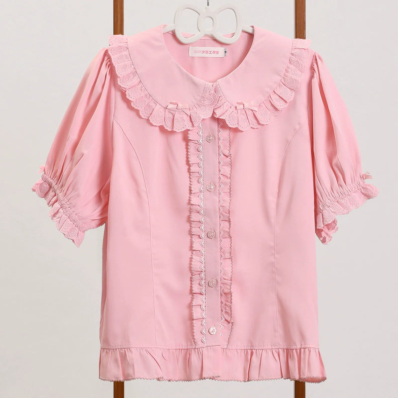 Pink MIST Lolita blouse with Peter Pan collar, lace ruffles, puff sleeves, and button front