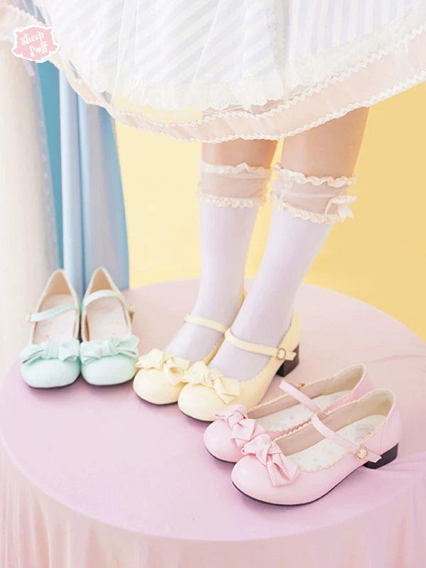 Sheep Puff rounded bow Macaron Lolita shoes featuring pastel colors and adorable puff detail, perfect for cute fashion looks.