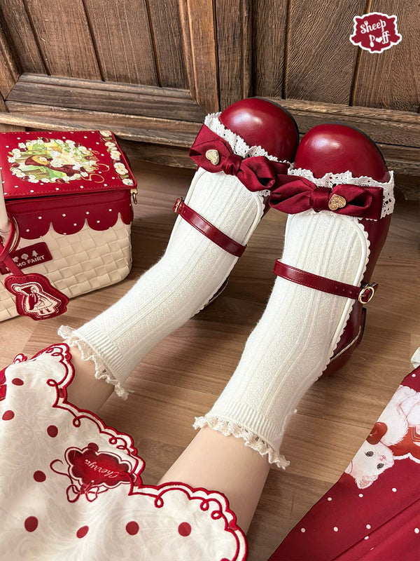 Sheep Puff Sweet Berry low heel Lolita shoes featuring a whimsical sheep puff design and pastel accents.