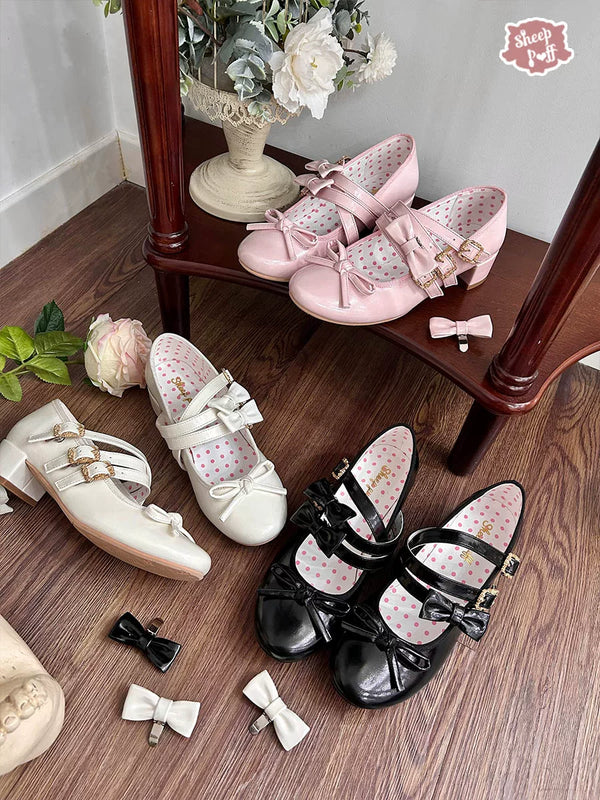 Sheep Puff Elena Bow Mid Heel Lolita Shoes featuring white fabric, decorative bows, and stylish mid heels for a cute, elegant look.