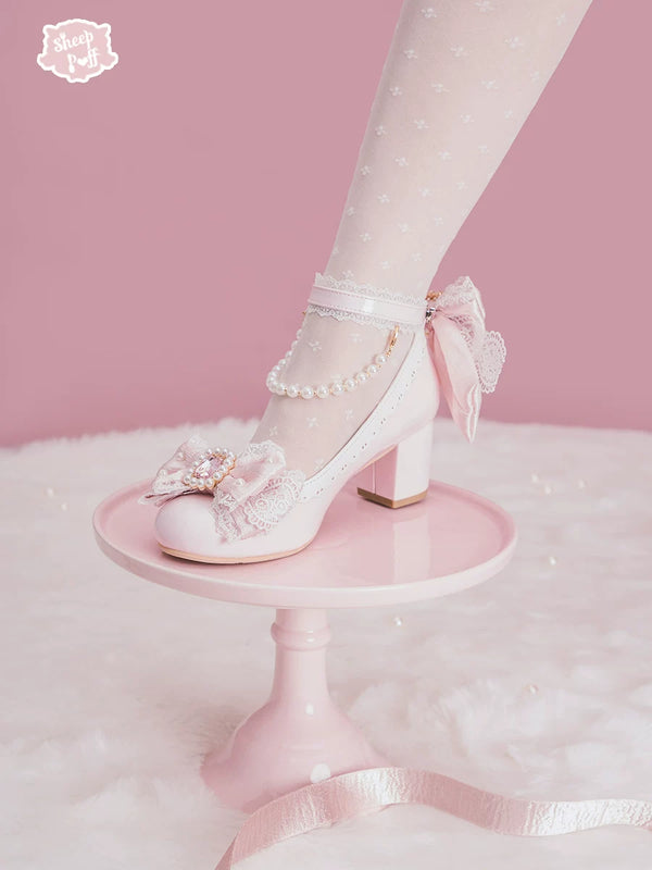 Sheep Puff Princess Pearl Mary Jane Shoes, white shoes with pearl embellishments and a classic Mary Jane style for girls.
