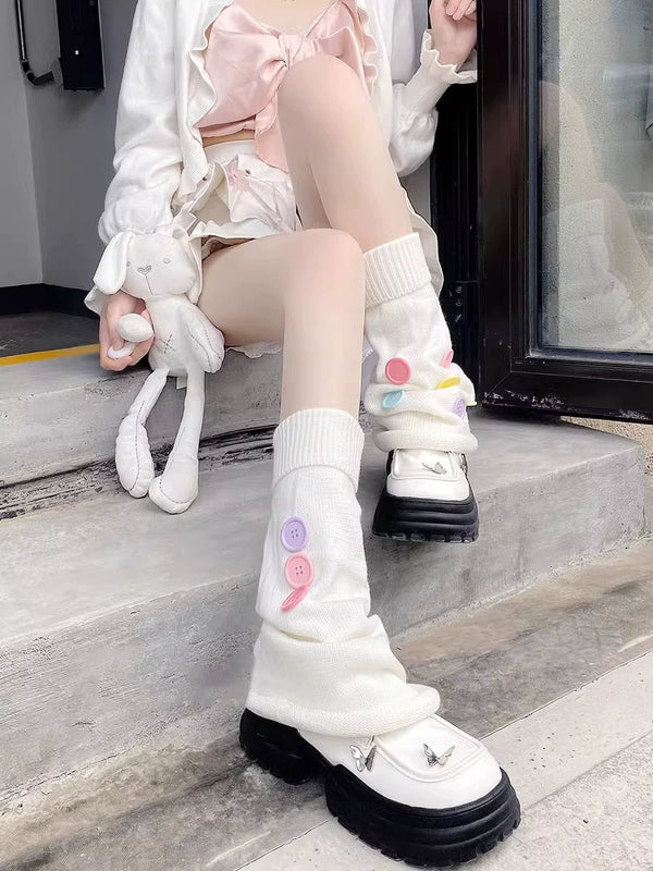 Floral Milk Cat - Buttoned Slouch - Leg Warmers with Button and Plain-Knit Styles