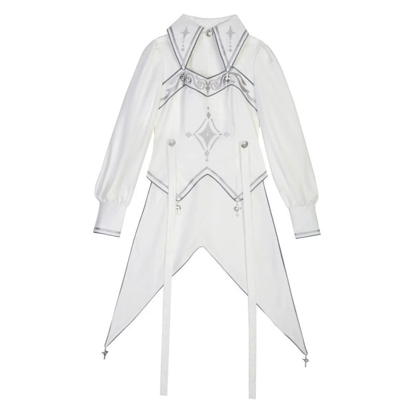 White Ouji Lolita cape, top, and shorts with silver star-and-moon embroidery and cross pendants.