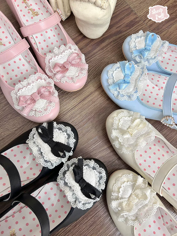 Sheep Puff Ballet Romance Lolita Shoes with delicate bows and floral details, perfect for elegant, feminine fashion.