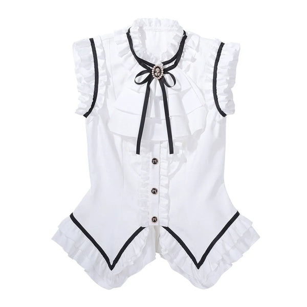 Black-and-white Gothic Lolita top and skirt pieces with ruffles and bow details.