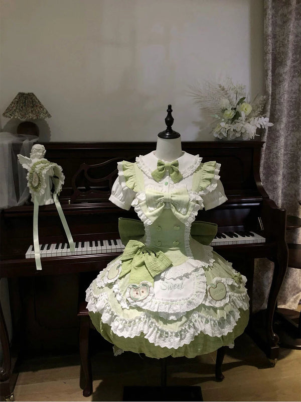 Full view of Creamy sage green and white Sweet Lolita full set with apple motifs and long train