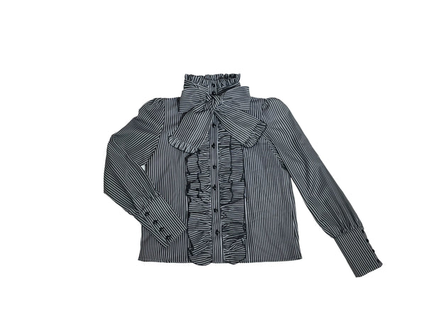 Black-gray striped Lolita blouse with a large bow, layered ruffles, and puff sleeves.