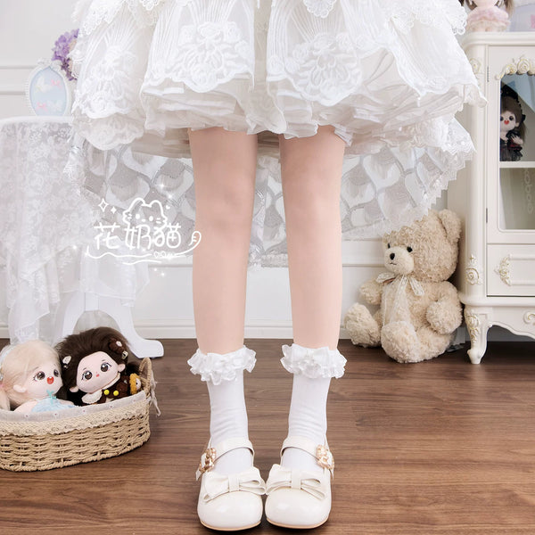 Blue mid-calf lolita socks with bow and lace trim