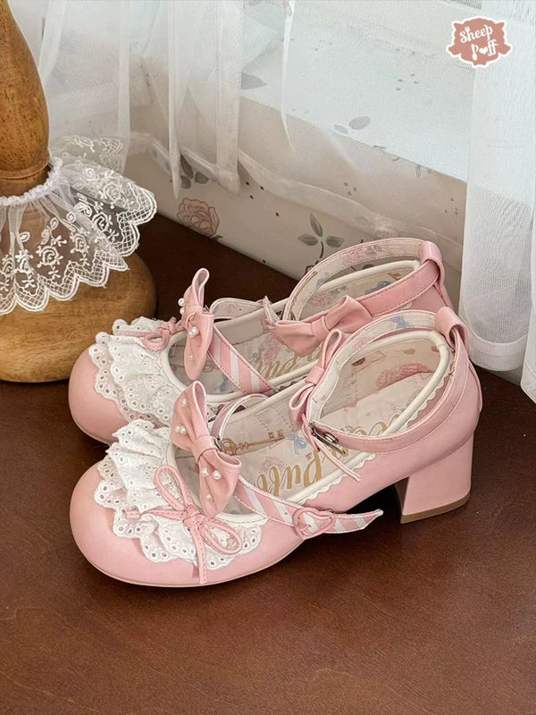 Sheep Puff Little Brulee mid heel Lolita shoes featuring soft pastel colors and cute sheep puff details on stylish footwear