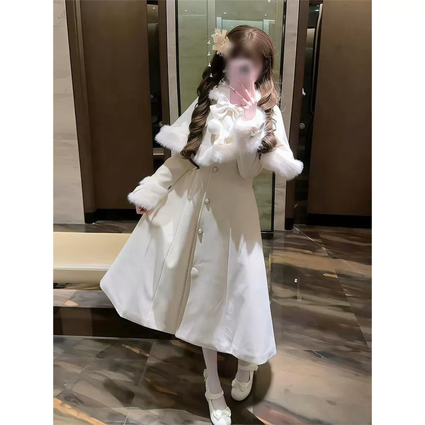 Ivory sweet lolita winter coat with bow-accented cloak and faux fur trim