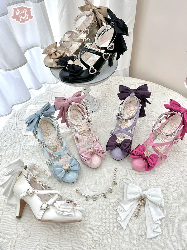 Sheep Puff Witch Key Lolita Heels shoes with black and white sheep puff design, featuring a cute, whimsical style.
