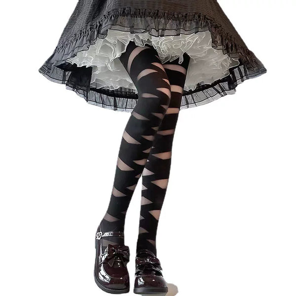 White thigh-high stockings with crisscross cutout bands.