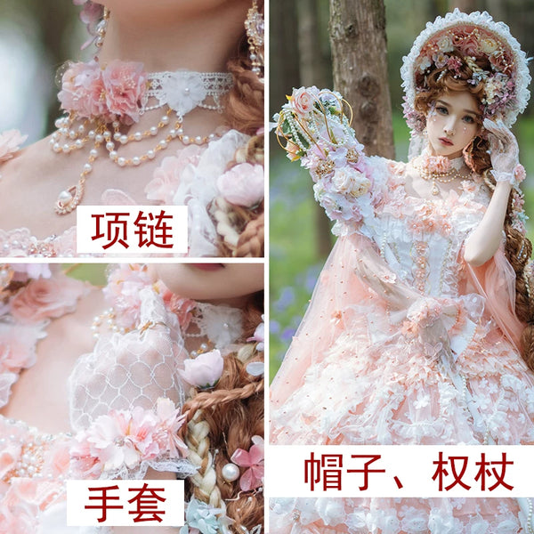 lolita bonnet hat in peach pink with floral adornments, lace trim, pearl accents, and attached tulle veil