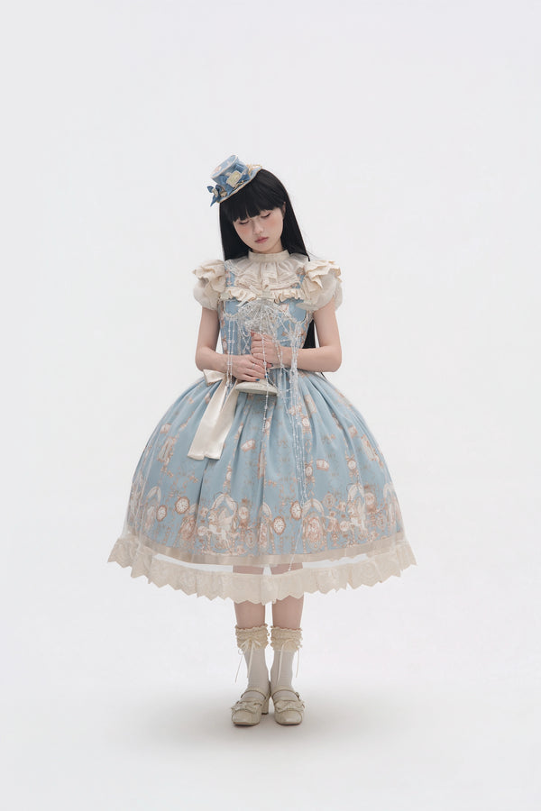 Pale purple unicorn-print JSK dress styled on a model with a wide waist bow