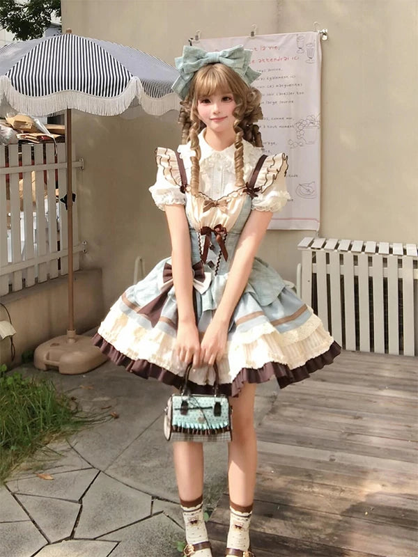 Creamy mint-and-chocolate JSK set with short-sleeve blouse and layered skirt