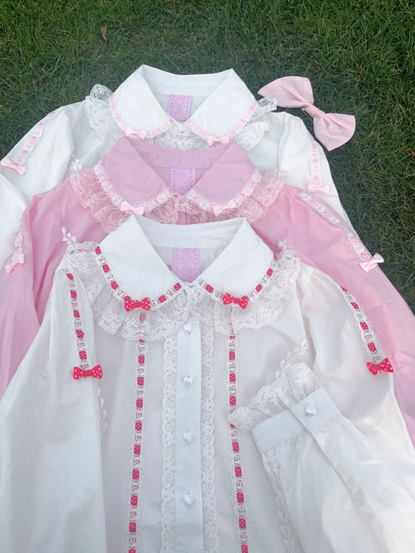 Galette Bunny cool-pink long-sleeve blouse with stand collar and lace trims