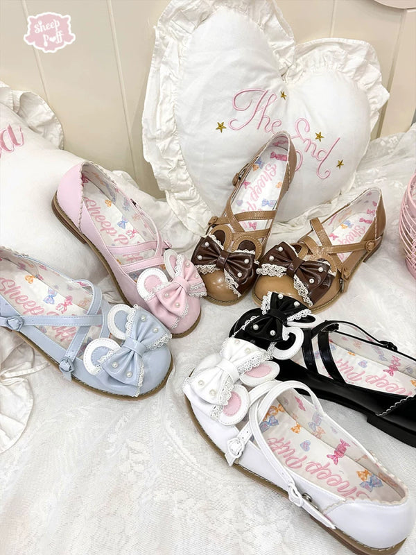 Sheep Puff Candy Bear low heel Lolita shoes with cute sheep and bear details, black and white design, in a stylish footwear image.