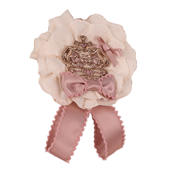 Lace accessory with an embroidered teddy bear motif and pink or brown ribbon bows.