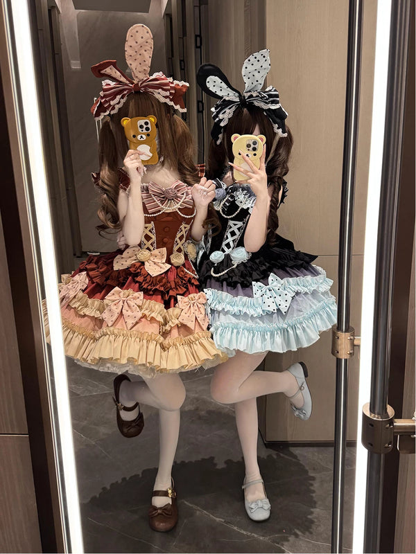 Polka-dot ruffle JSK set with bunny-ear headwear