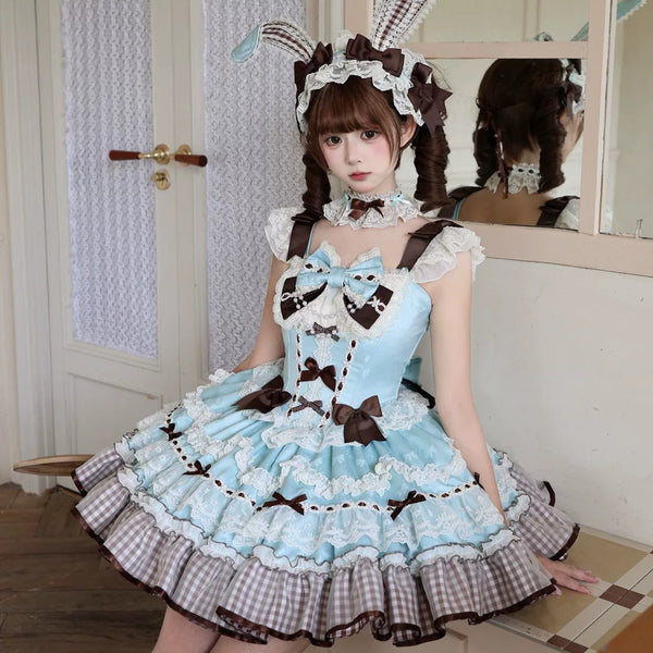 Apricot Sweet Lolita JSK with gingham trim and pearl bow on mannequin