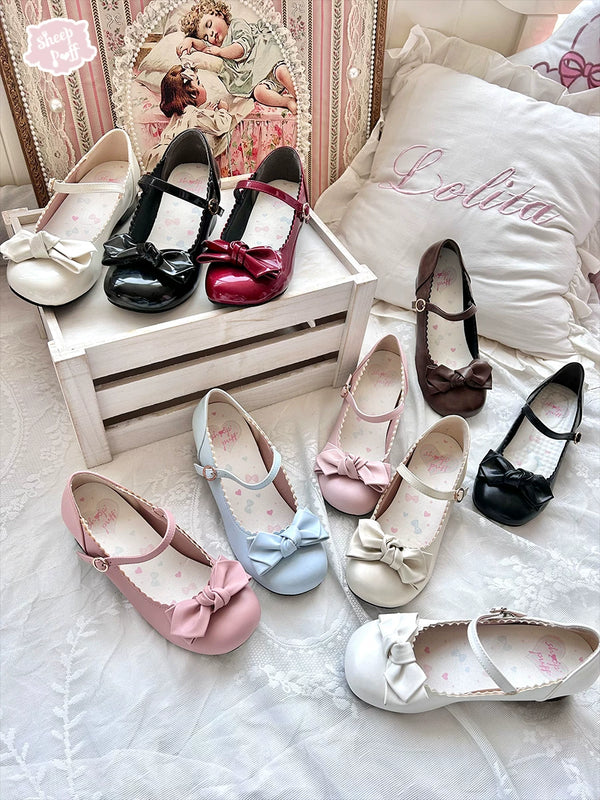 Sheep Puff Rounded Bow Sakura Matte Lolita Shoes featuring a cute sheep puff design and rounded bow accents in a matte finish.