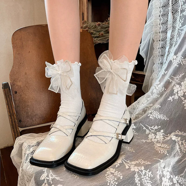 Sock Noble - Autumn Rhinestone Bow - Japanese School Mid-Calf Socks with Rhinestone-Trimmed Bows