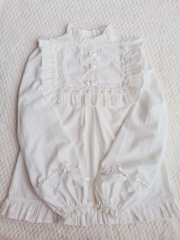 Yilia - Cotton Lolita Lace Long Sleeve - White Blouse Innerwear