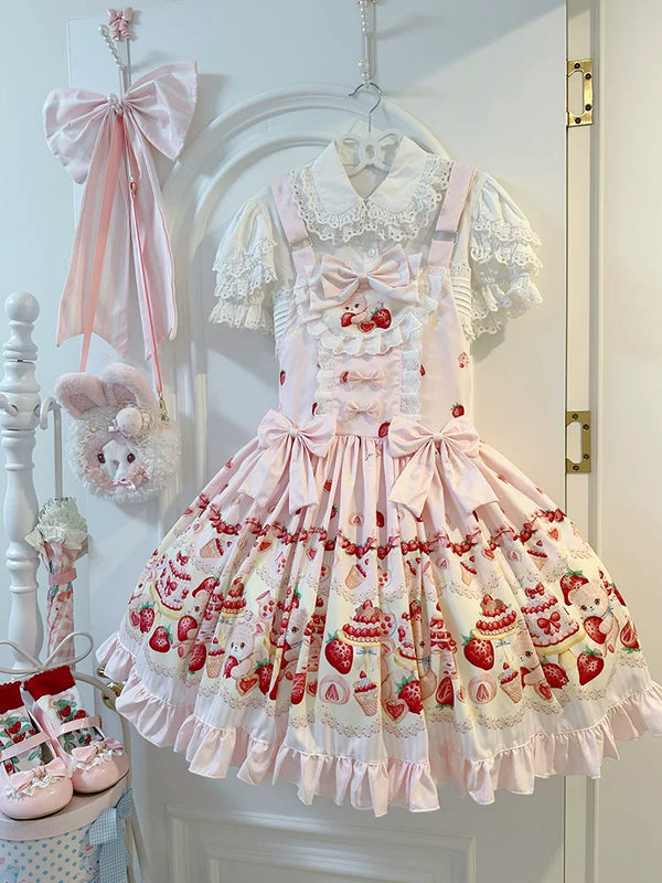 Pink sweet lolita JSK with all-over dessert and teddy bear print, lace trim, and satin waist bow
