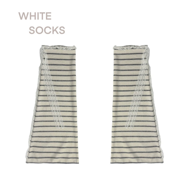 Milk white striped leg sleeve with scalloped lace trim and side ribbon tie