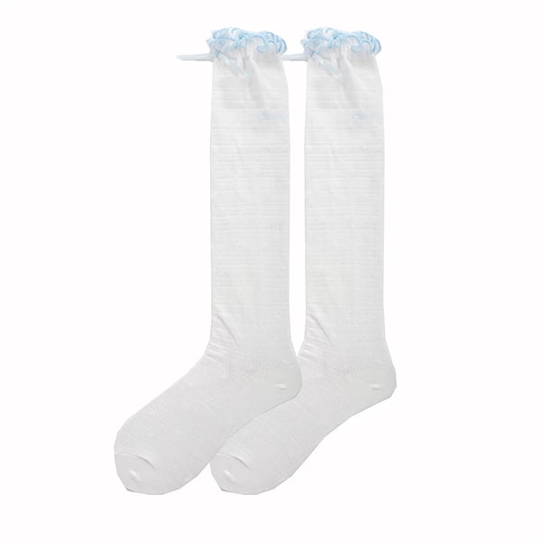 White short socks with blue lace cuffs, ribbon bows and a subtle polka-dot texture