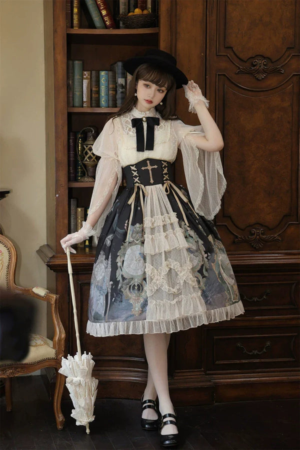 Your Princess - Clock Butterfly - Gothic Lolita Printed Blouse and Corset Skirt Set