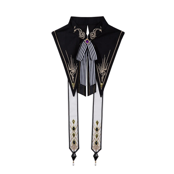 Black embroidered fake collar and white cape shown as separate pieces.