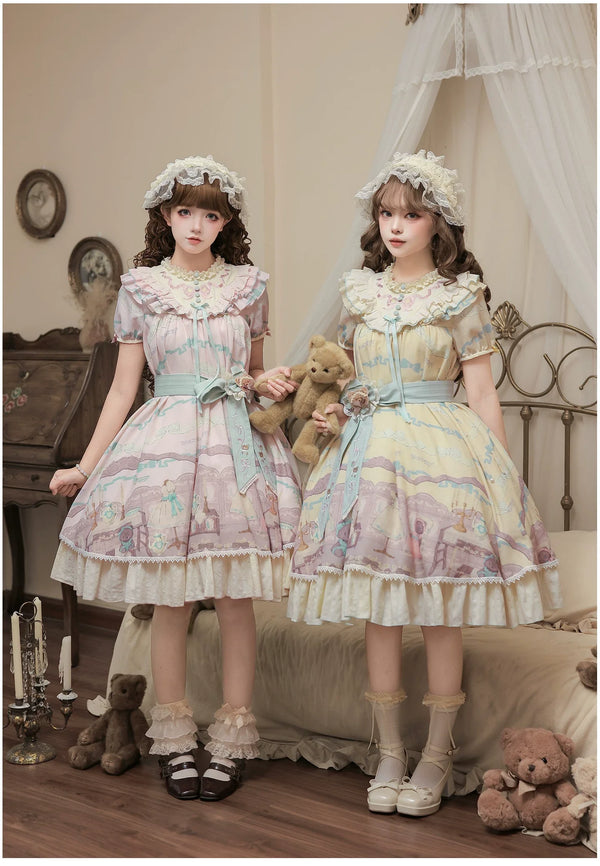 With PUJI - Brown Dollhouse SP - Kawaii Lolita Dollhouse Printed OP Dress with Embroidery