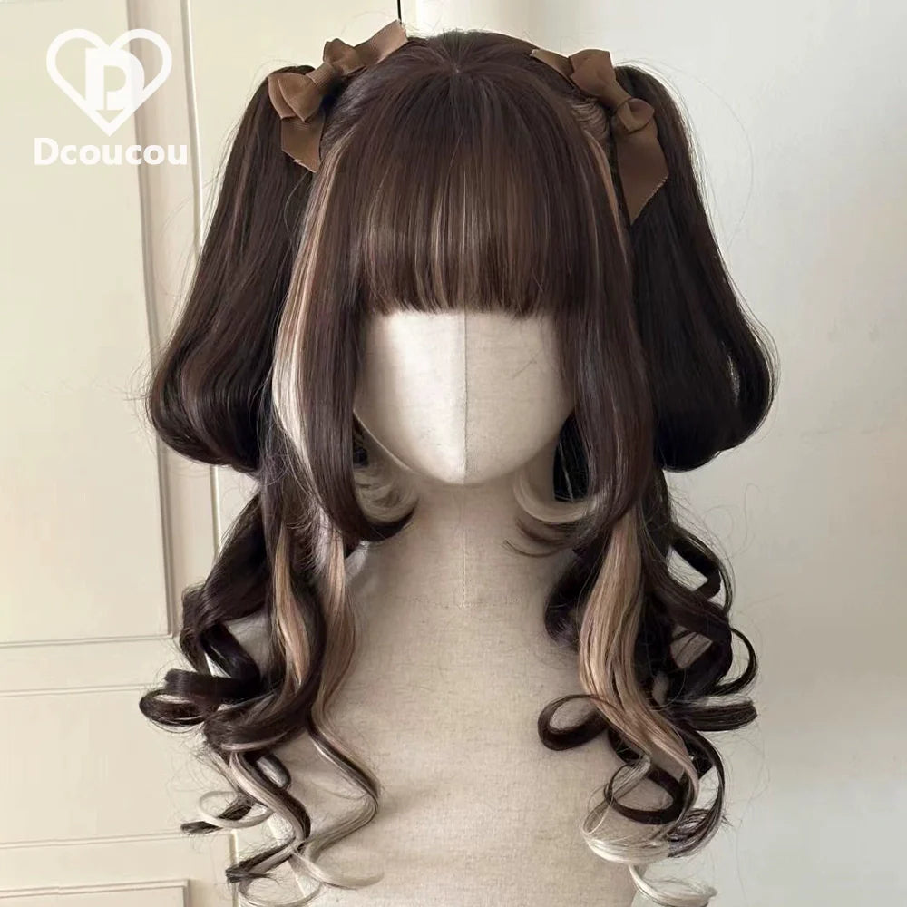 Dcoucou - Heartless Bunny - 45cm Long Curly Hair Tiger Clip Double Ponytails Lolita Wig