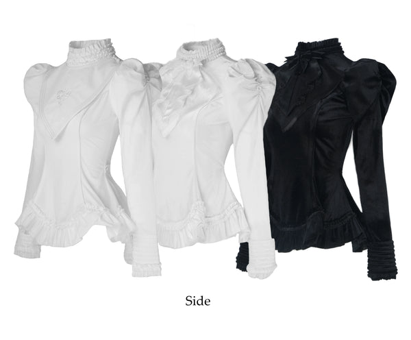 Nololita Lost Dream Gothic blouses in white and black with high frilled collars.