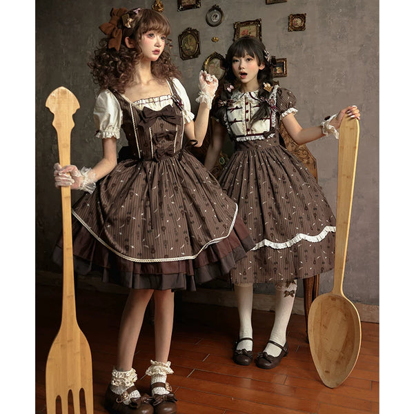 Moroccan Cocoa brown striped OP dresses with hot-air-balloon motifs and Peter Pan collars.