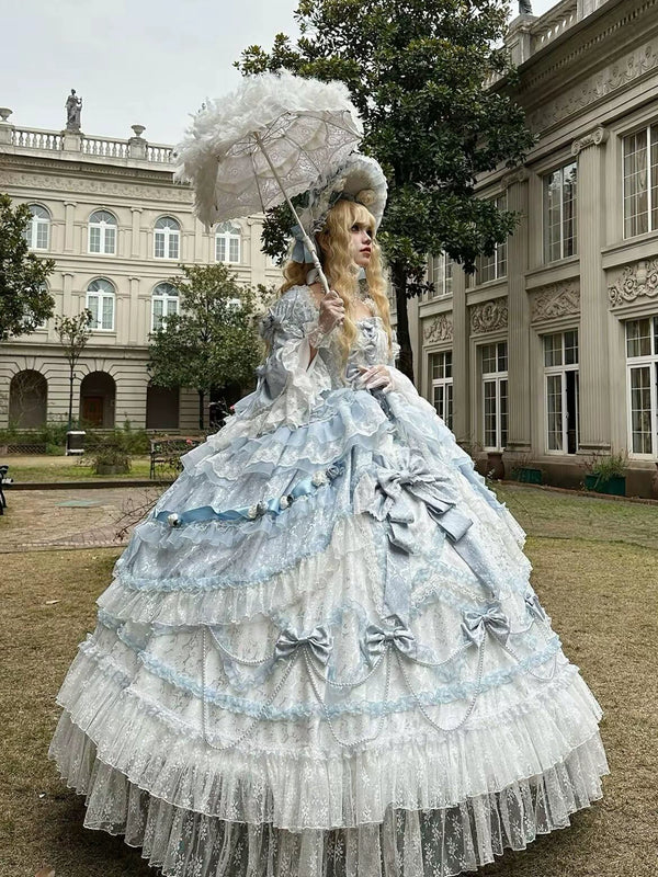 Front view of powder blue Rococo Sweet Lolita evening gown with tiered lace skirt and sweetheart neckline