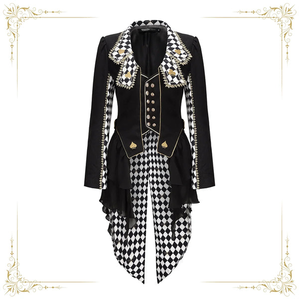 Black and white checkered Ouji Lolita tailcoat with embroidered lapels and split tail