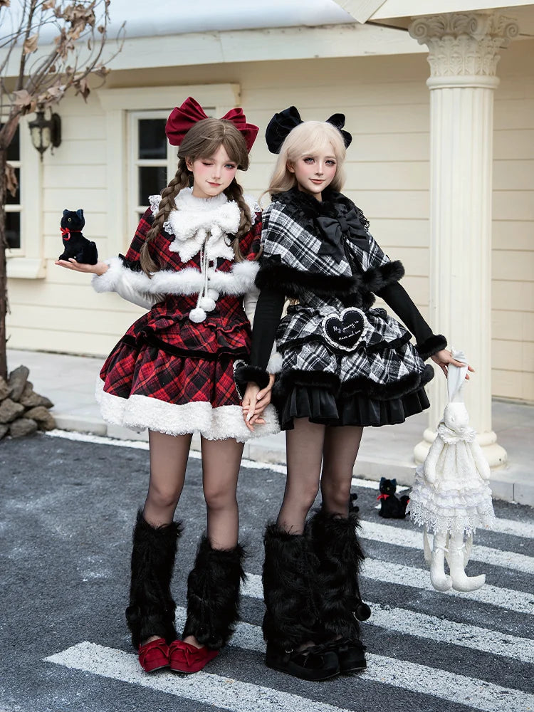 With PUJI - Snow Night Serenade - Fluffy Plaid Kawaii Lolita JSK, Reversible Cape product view
