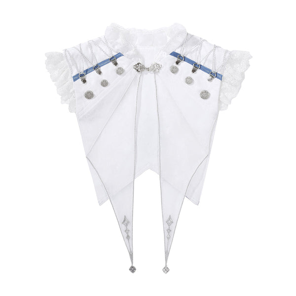 Blue and white Ouji halter top, trailing panels, cape and shorts with silver details