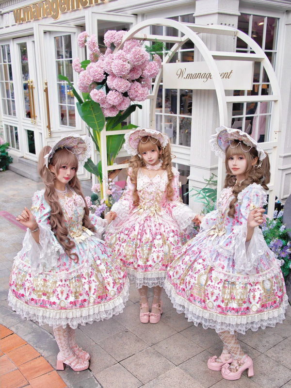 Blue Sweet Lolita OP dress with rose print and lace trim on mannequin