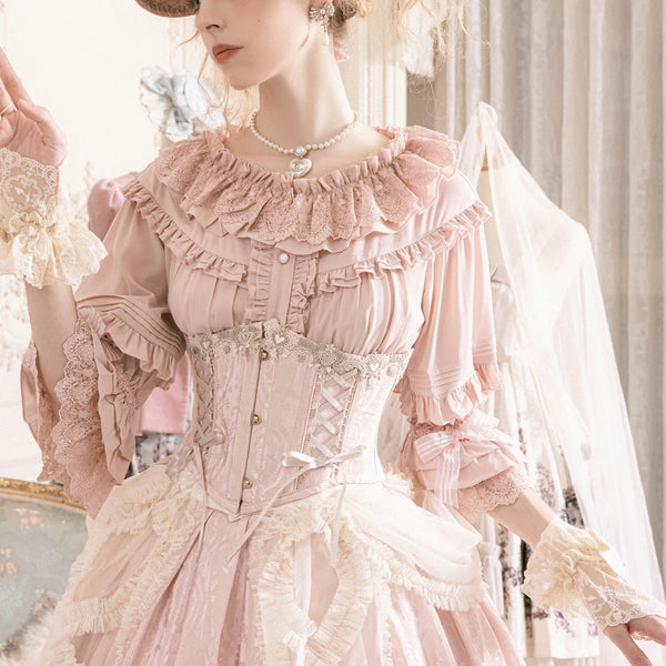 Krad Lanrete Mary's Portrait short waist corset shown in light pink and pale blue colourways with side lacing.