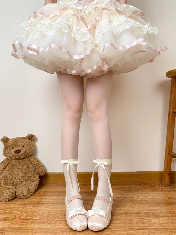 Chubby Bear Tales Love Letter mid-calf socks with bow options styled under a frilled skirt