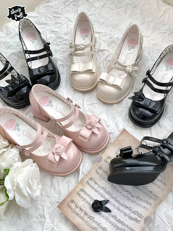 Sheep Puff Camellia Tea Lolita Heels shoes with floral detailing and pastel colors, perfect for elegant lolita fashion styles.