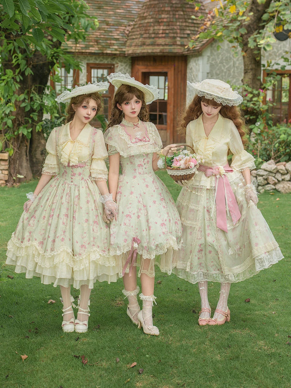 With PUJI - Wind Swept Roses - Classic Lolita Rose Printed Dress Set, Petal Hem