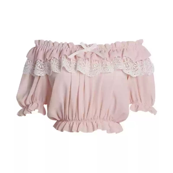 Pink Lolita blouse with an open shoulder neckline, lace trim, and ruffled hem.