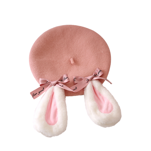 Pink beret with white-and-pink bunny ears and bow-tie ribbons.
