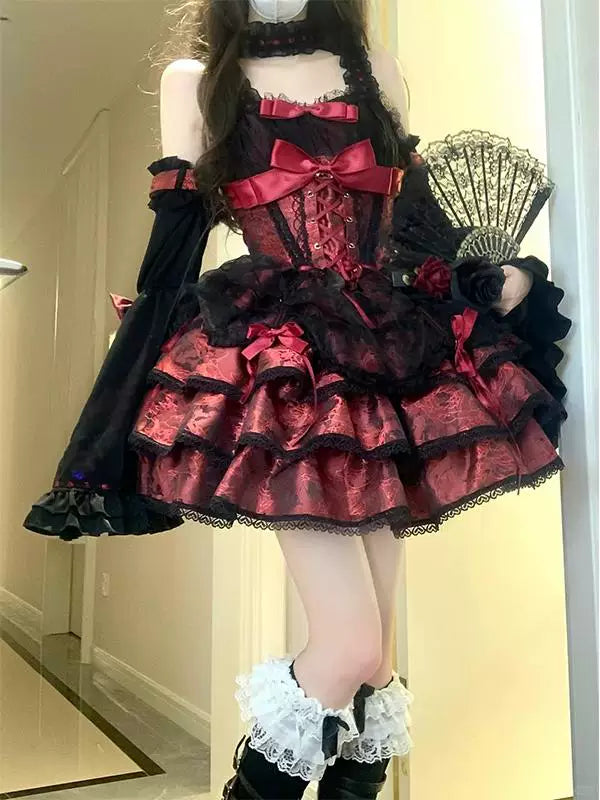 Black-and-red JSK with ribbon bows, corset lacing and lace sleeves